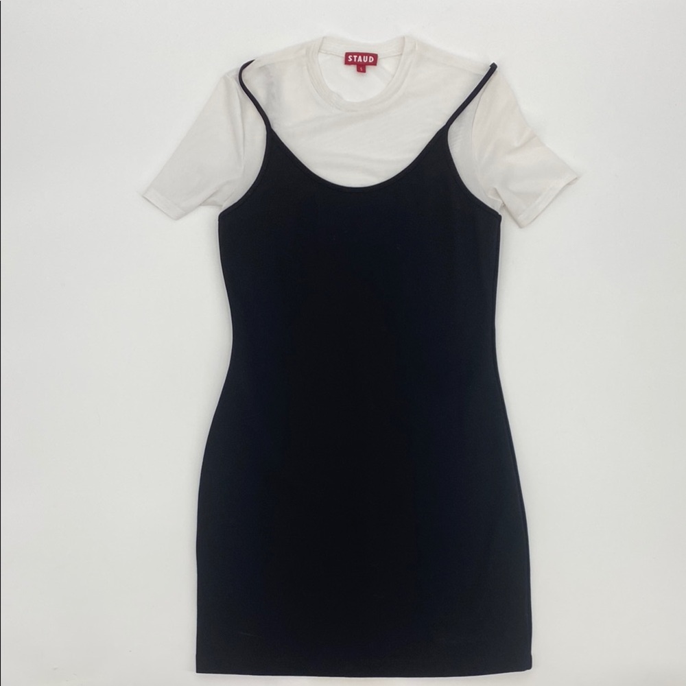 STAUD Mini Sutton Layered Tank Top T Shirt Black and White Mini Dress 90s grunge - Picture 3 of 11